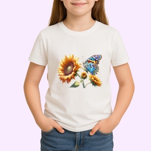 Tricou Fluture portocaliu pe floare de floarea soarelui ilustrativ Copii | Dama | Barbat Barbat - Img 4