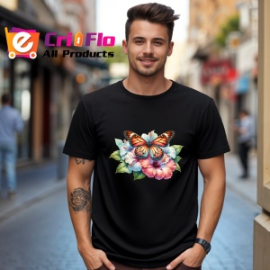 Tricou Fluture portocaliu pe hibiscus stil exotic feminin Copii | Dama | Barbat Barbat - Img 18