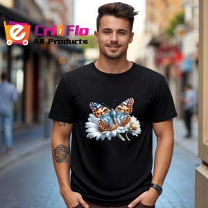 Tricou Fluture portocaliu si albastru pe margareta stil realist Copii | Dama | Barbat Barbat - Img 17