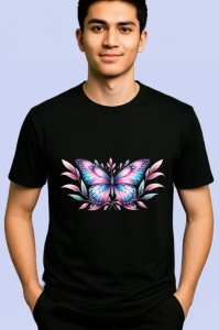 Tricou Fluture roz albastru cu flori decorative stil eteric Copii | Dama | Barbat Barbat - Img 5