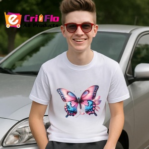 Tricou Fluture roz pastel cu albastru pe fundal floral Copii | Dama | Barbat Barbat - Img 9