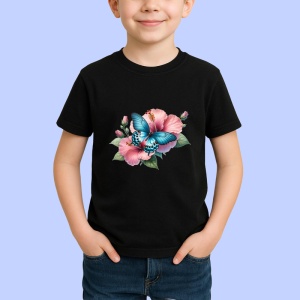 Tricou Fluture turcoaz pe hibiscus rosu compozitie tropicala Copii | Dama | Barbat Barbat - Img 6