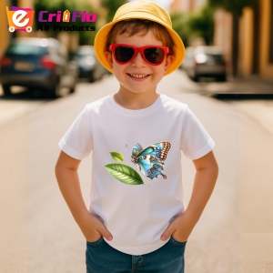 Tricou Fluture turcoaz si maro pe frunze stil botanic realist Copii | Dama | Barbat Barbat - Img 14