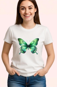 Tricou Fluture verde smarald cu efect de catifea pe fundal alb Copii | Dama | Barbat Barbat - Img 3