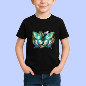 Tricou Fluture verde turcoaz pe fundal vegetal stil tropical Copii | Dama | Barbat Barbat - Img 6