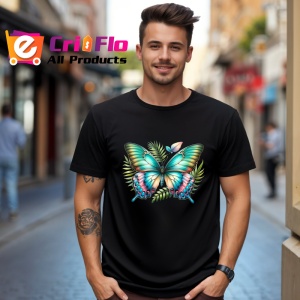 Tricou Fluture verde turcoaz pe fundal vegetal stil tropical Copii | Dama | Barbat Barbat - Img 18