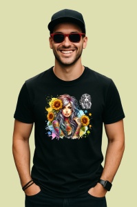Tricou Girl colorful ink sunflower mix, fata cu tatuaje colorate si floarea soarelui, Copii | Dama | Barbat , tricou negru - Img 3