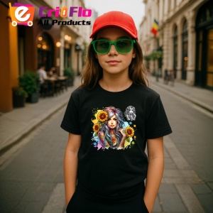 Tricou Girl colorful ink sunflower mix, fata cu tatuaje colorate si floarea soarelui, Copii | Dama | Barbat , tricou negru - Img 4