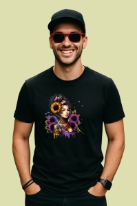 Tricou Girl holding sunflower confident style, fata tinand floarea soarelui stil increzator, Copii | Dama | Barbat , tricou negru - Img 3