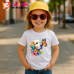 Tricou Golden Labrador cu fluturi portocalii si flori colorate ilustratie vesela Copii | Dama | Barbat Barbat - Img 14