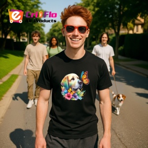 Tricou Golden Labrador cu fluturi portocalii si flori colorate ilustratie vesela Copii | Dama | Barbat Barbat - Img 16