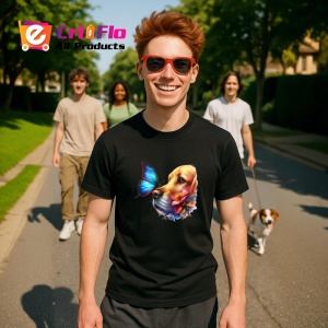 Tricou Golden Retriever cu fluture albastru si flori desen adorabil de vara Copii | Dama | Barbat Barbat - Img 16
