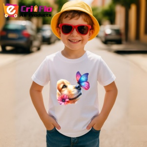 Tricou Golden Retriever cu fluture pe nas si fundal roz pastel Copii | Dama | Barbat Barbat - Img 13