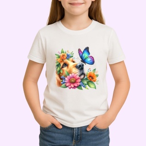 Tricou Golden Retriever printre flori si fluture violet atmosfera de vara Copii | Dama | Barbat Barbat - Img 3