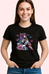 Tricou Goth girl skulls roses butterflies, fata goth cu cranii trandafiri si fluturi, Copii | Dama | Barbat , tricou negru - Img 3