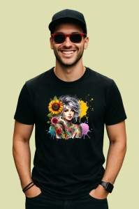Tricou Grey bun girl shoulder flower tattoo, fata coc gri cu tatuaj umar floral, Copii | Dama | Barbat , tricou negru - Img 3