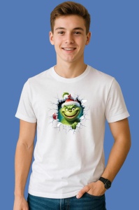 Tricou Grinch Cu Fundal Gri Si Braduti Craciun, din bumbac 100% Copii | Dama | Barbat - Img 2