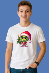Tricou Grinch Fericit Langa Brad Decorat, din bumbac 100%, tricou alb, Copii | Dama | Barbat