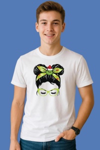 Tricou Grinch Headband Messy Bun Christmas, din bumbac 100%, tricou alb, Copii | Dama | Barbat