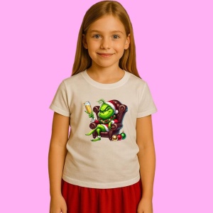 Tricou Grinch Pe Fotoliu Cu Pahar Sarbatoare, din bumbac 100%, tricou alb, Copii | Dama | Barbat - Img 2