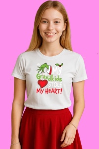 Tricou Grinchmas My Grandkids Stole My Heart, din bumbac 100%, tricou alb, Copii | Dama | Barbat - Img 1