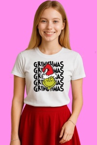 Tricou Grinchmas Repeat Pattern Santa Hat, din bumbac 100%, tricou alb, Copii | Dama | Barbat - Img 1
