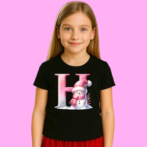 Tricou H Litera Craciun Roz Cu Om De Zapada Fulgi De Zapada, din bumbac 100% Copii | Dama | Barbat - Img 2