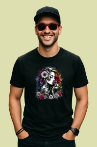 Tricou Half black half color girl skull tattoo, fata jumatate alb negru cu tatuaj craniu, Copii | Dama | Barbat , tricou negru - Img 3