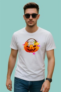 Tricou Halloween Pumpkin Cat, din bumbac 100%, tricou alb, Dama | Barbat - Img 2