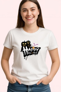 Tricou Happy Halloween Dark Art, din bumbac 100%, tricou alb, Dama | Barbat - Img 2