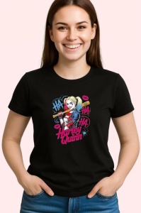 Tricou Harley quinn cu bata si urme de ruj, Copii | Dama | Barbat , tricou negru