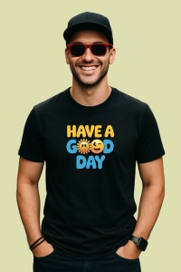 Tricou Have A Good Day Soare Zambitor Font Galben Albastru, din bumbac 100%, tricou negru Copii | Dama | Barbat