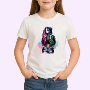 Tricou hoodie girl rainbow hair, fata cu hanorac si par multicolor, Copii | Dama | Barbat