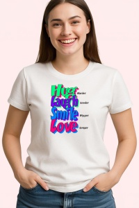 Tricou Hug Laugh Smile Love Text Colorat V1, din bumbac 100% , tricou alb pentru Copii | Dama | Barbat - Img 3