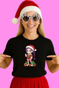 Tricou Huntrix K Pop Hunters Demon Personaj Singur Craciun Chibi, din bumbac 100%, tricou negru, Copii | Dama | Barbat - Img 3