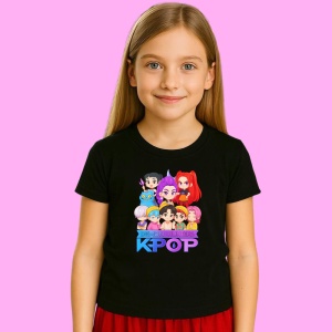 Tricou Huntrix K Pop Hunters Demon Poster Kpop Demon Hunters Chibi, din bumbac 100%, tricou negru, Copii | Dama | Barbat