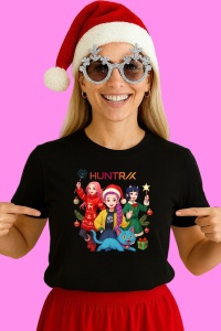 Tricou Huntrix K Pop Hunters Demon Trio Fete Cu Pisica Albastra Zambitoare, din bumbac 100%, tricou negru, Copii | Dama | Barbat