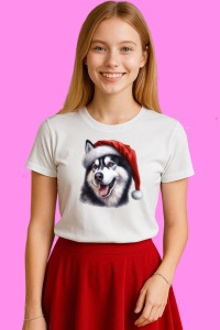 Tricou Husky Craciun Cu Fundita Rosie, din bumbac 100%, tricou alb, Copii | Dama | Barbat - Img 3