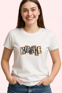 Tricou Hustle Text Urban, din bumbac 100%, tricou alb, Dama | Barbat - Img 2
