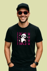 Tricou I Love U Panda Dragut Inimi Roz V1, din bumbac 100%, tricou negru Copii | Dama | Barbat - Img 3