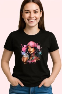 Tricou Iced coffee girl brown hair, fata cafea rece cu par saten, Copii | Dama | Barbat , tricou negru
