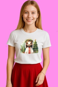 Tricou Isus Copil Cu Coronita De Flori Langa Brad, din bumbac 100%, tricou alb, Copii | Dama | Barbat - Img 3