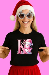 Tricou K Litera Craciun Roz Cu Om De Zapada Fulgi De Zapada, din bumbac 100% Copii | Dama | Barbat - Img 2