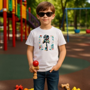 Tricou Kendama cu valuri japoneze design artistic premium, din bumbac 100%, tricou alb, Copii | Dama | Barbat - Img 2
