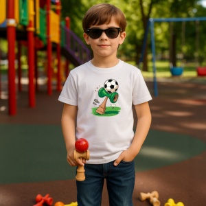 Tricou Kendama fotbal cu minge si teren design sportiv, din bumbac 100%, tricou alb, Copii | Dama | Barbat