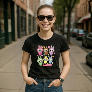 Tricou Labubu trio curcubeu, Unisex Dama si Barbat | Copii, Culoare Negru - Img 5