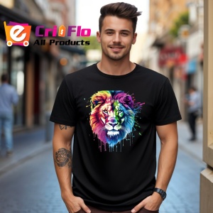 Tricou Leu artistic in culori calde si reci fundal alb Copii | Dama | Barbat, culoare negru - Img 5