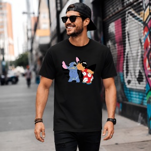Tricou Lilo Si Stitch Imbratisare Dungi Alb Negru Urban Love, din bumbac 100%, tricou negru, Copii | Dama | Barbat - Img 5