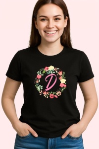 Tricou Litera D Colectia Flori Text Roz, din bumbac 100%, tricou negru, Dama | Barbat