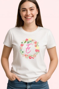 Tricou Litera E Colectia Flori Text Roz, din bumbac 100%, tricou alb, Dama | Barbat - Img 2